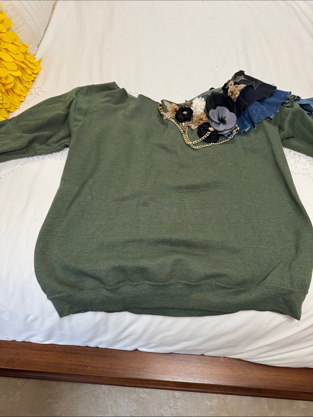 Olive Green Embellished Crewneck Sweater